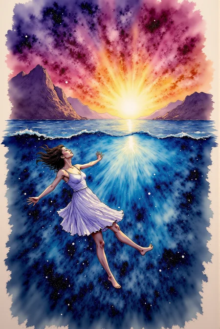 <lora:Vibrant_watercolor_v.22:0.9> Watercolor sketch style. Vibrant and sharp style. "The Celestial Diver – Free-Falling into a Cosmic Ocean".