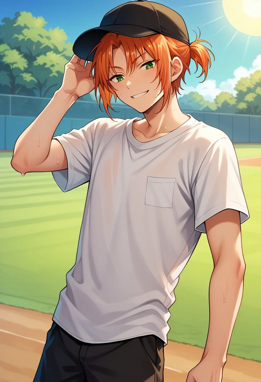 score_9, score_8_up, score_7_up, source_anime, highly detailed,
leotsukinaga, 1boy, male focus, green eyes, solo, shirt, white t-shirt, short sleeves, shorts,
orange hair, smile,
bangs,
ponytail, short ponytail, hat, baseball cap
outdoor, sun, sweat, tired,