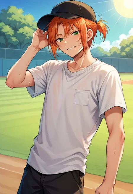 score_9, score_8_up, score_7_up, source_anime, highly detailed,
leotsukinaga, 1boy, male focus, green eyes, solo, shirt, white t-shirt, short sleeves, shorts,
orange hair, smile,
bangs,
ponytail, short ponytail, hat, baseball cap
outdoor, sun, sweat, tired,