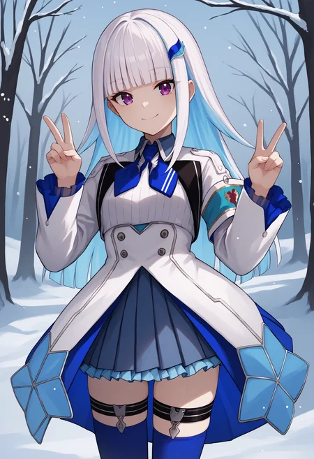 score_9, score_8_up, score_7_up, source_anime, lh1, purple eyes, white hair, blue hair, multicolored hair, two-tone hair, colored inner hair, blunt bangs, long hair, hair ornament, safety pin, white shirt, white jacket, long sleeves, armband, pleated skirt, blue skirt, frilled skirt, thigh strap, blue thighhighs, snow, smile, peace sign<lora:LizeHelestaXL-16:1>