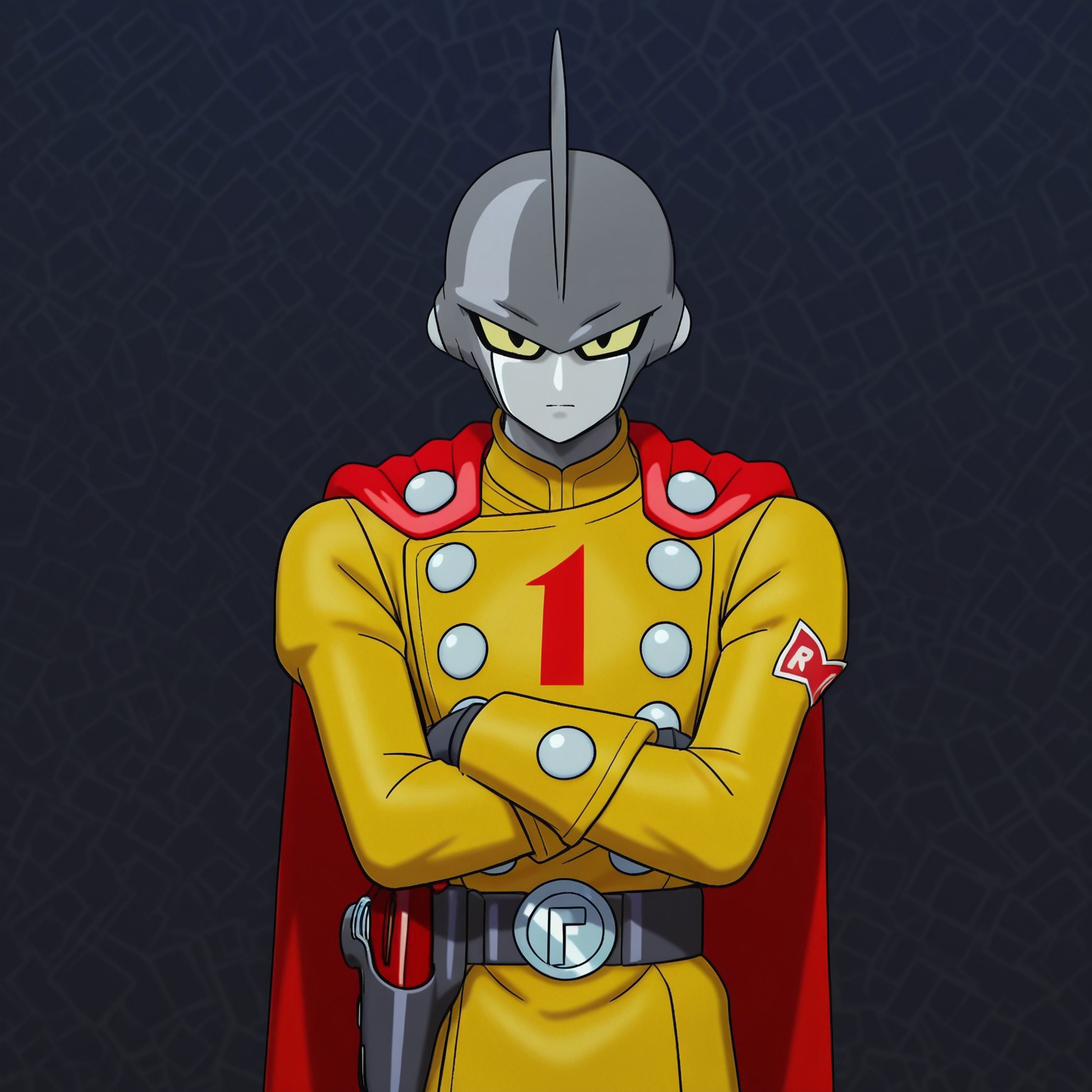 1boy, 2d, solo, DBSGamma1, male, android, humanoid, dark gray skin, light gray skin, two tone skin, yellow sclera, black pupils, fin on head, Yellow uniform, yellow pants, long sleeves, black gloves, black boots, red cape, gray buttons, belt, belt buckle, gun holster 

BREAK serious expression, arms crossed, looking at viewer, abstract background, standing, upper body focus,

BREAK best quality, amazing quality, very aesthetic, absurdres, newest, masterpiece, high quality, highres