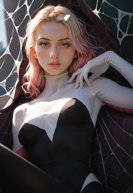 safe_pos, score_9, score_8_up, score_7_up, score_6_up, semi-realistic, spider Gwen, (thin:1.3), anime, medium breasts, long slender legs, close to viewer, closeup headshot, reclined, blonde and pink hair, lying in a giant spider web, looking at viewer, seductive expression, low angle 