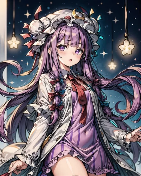 <lora:Patchi V1:1>, 1girl, solo, Patchi, Patchouli Knowledge, purple hair, purple eyes, cowboy shot, blunt bangs, frills, mob cap, striped dress, vertical stripes, magic, starry sky, sparks, <lora:add_detail:1>, masterpiece, best quality, <lyco:GoodHands-beta2:1.0>