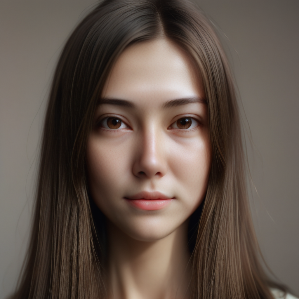 1girl, Beautiful woman, high detail, portrait, elegant, delicate features, emotional expression, masterpiece, 8k resolution, Extremely high-resolution details, realism pushed to extreme, fine texture, incredibly lifelike, looking at viewer, solo focus, realistic, photorealistic, soft lighting, ultra realistic photograph, simple background, Exquisite details and textures, grainy, film analog photography, film, face details, real face, without make up, brown hair, long straight hair,