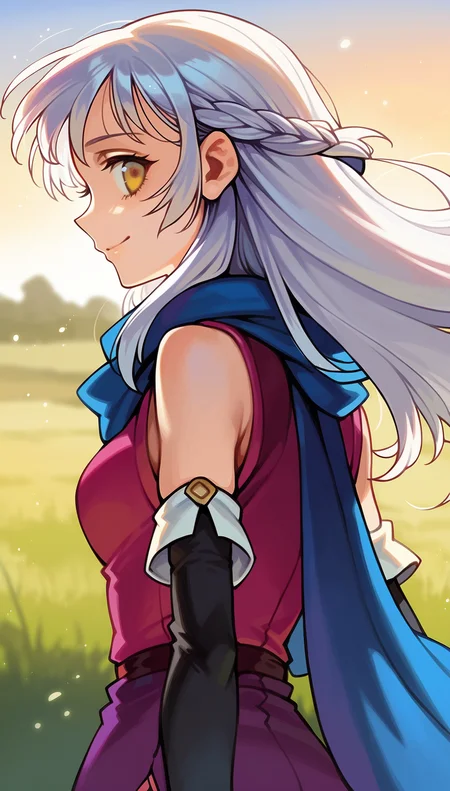 score_9,score_8_up,score_7_up,
highres,highly detailed,
<lora:micaiah:0.9>,
micaiahfe,
1girl,solo,
white hair,long hair,bangs,
yellow eyes,smile,looking back,
blue scarf,purple sleeveless tunic,black detached sleeves,
portrait,
blurry background,outdoors,(dawn:1.1),(bloom:1.2),(light particles:1.1),sky,field,