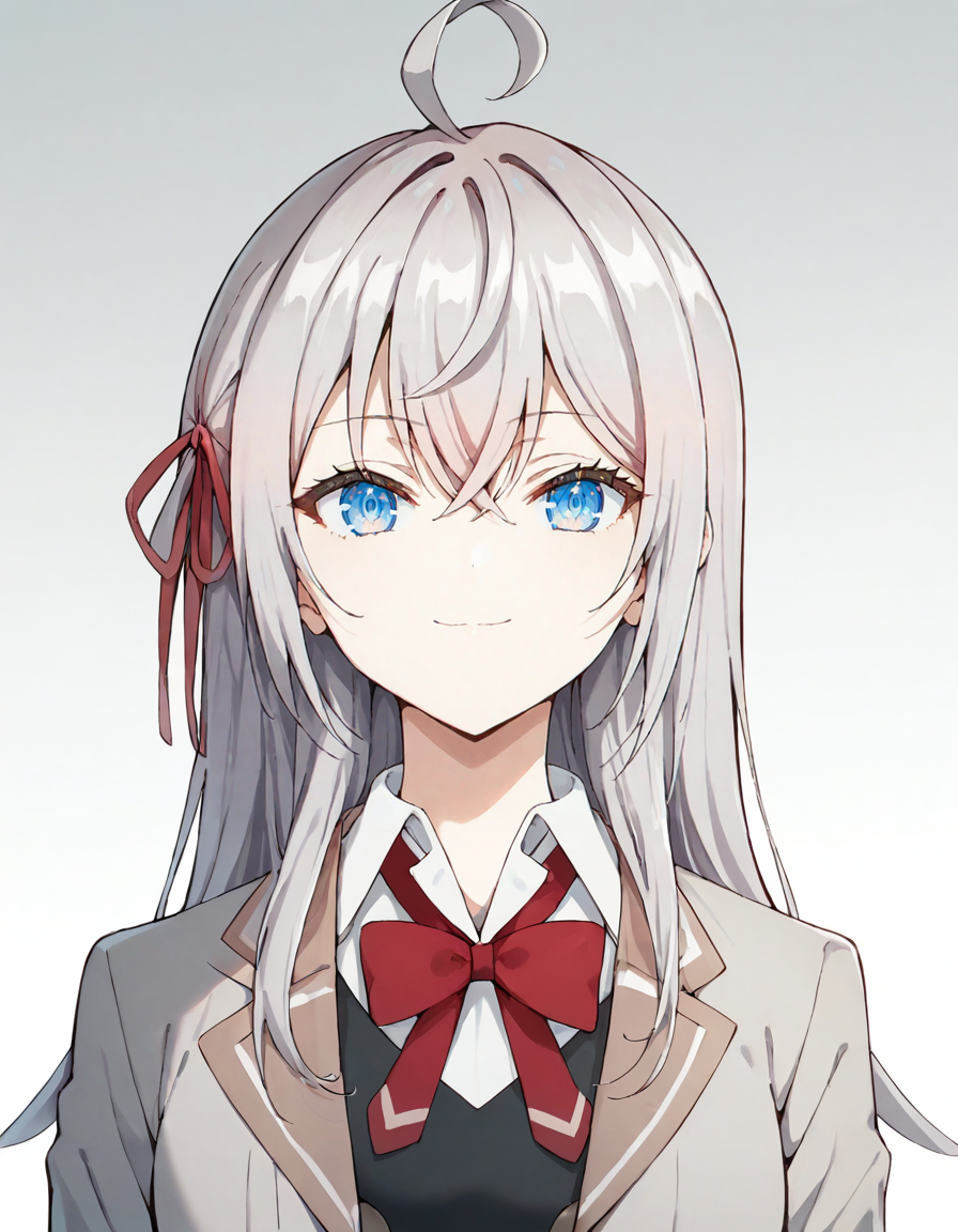 score_9, score_8_up, score_7_up, source_anime,
1girl, solo, looking at viewer, gradient background, upper body, light smile,
<lora:alisa_mikhailovna_kujou_anime_v5-soralz:1>, alisa mikhailovna kujou, long hair, silver hair, ahoge, crossed bangs, red hair ribbon, sidelocks, blue eyes,
school uniform, grey jacket, open jacket, long sleeves, red bow, white shirt, collared shirt, black vest,