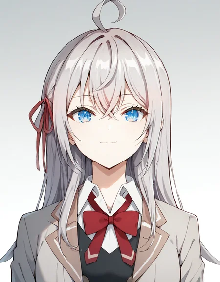 score_9, score_8_up, score_7_up, source_anime,
1girl, solo, looking at viewer, gradient background, upper body, light smile,
<lora:alisa_mikhailovna_kujou_anime_v5-soralz:1>, alisa mikhailovna kujou, long hair, silver hair, ahoge, crossed bangs, red hair ribbon, sidelocks, blue eyes,
school uniform, grey jacket, open jacket, long sleeves, red bow, white shirt, collared shirt, black vest,