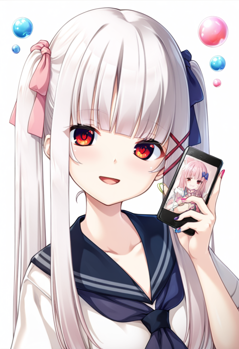 masterpiece,best quality,amazing quality,absurdres,aesthetic,newest,
kagome \(haison\), 1girl, solo,red eyes,
hair bow, pink hair, purple bow, smile, open mouth, blue hair,long hair, sailor collar, heart hair ornament, white hair,absurly long hair, pink bow, upper body, holding, blue bow, multicolored nails, looking at viewer, bubble, pill, twintails, shirt, school uniform, :d,v, hair ornament, holding phone, blush, blunt bangs, emoji,
 <lora:kagome_noob_vpred10_v11:0.85>