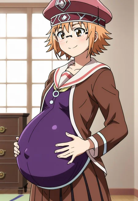 score_9, score_8, score_7,
best quality, masterpiece, 4k, perfect lighting, very aesthetic, anime, anime coloring, official art, anime screencap, absurdres,
bedroom, hands on belly, happy, smile,
(large pregnant belly:1.1), (round belly:1.1), (pregnant bump:1.1),
<lora:PeterGrillPhilosophersTimeV2:1> Mitchy Peligrima, short hair, brown hair, brown eyes, glasses, orange hair, small chest, hat, school uniform, purple shirt, brown vest,
(covered belly:1.5), (pregnancy clothes:1.5)
cowboy shoot,