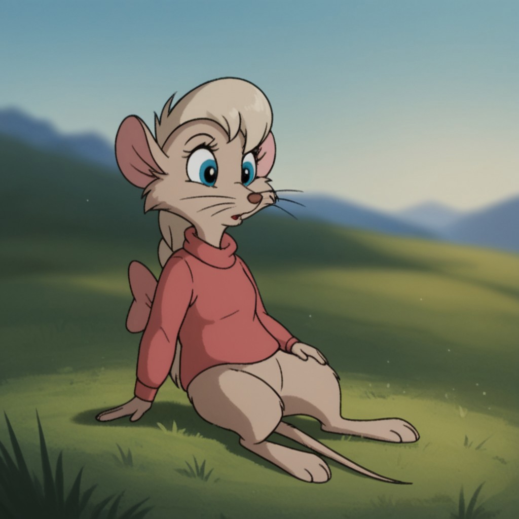 score_9, score_8_up, score_7_up, score_6_up, score_5_up, score_4_up, source_furry, jennynimh2, semi-anthro, female, mouse, brown fur, ponytail, pink sweater, long sleeves, blue eyes, outside, sitting, in the grass, pink  bow, solo, 1girl