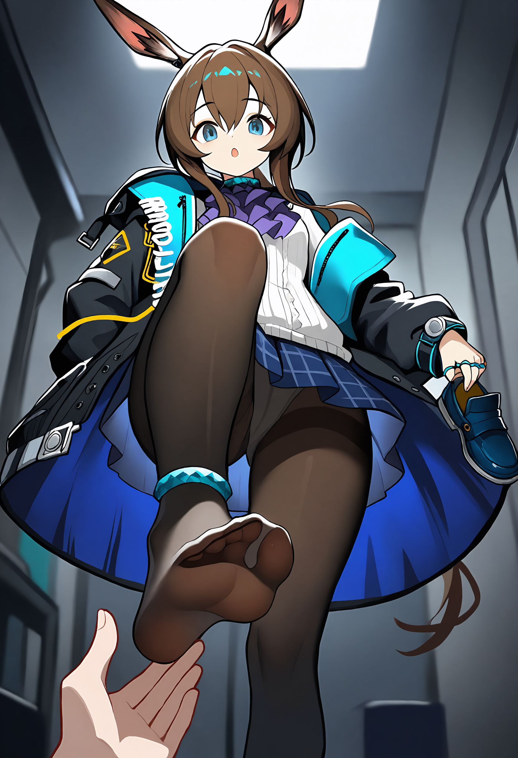 ,,<lora:TestTestTest!\kejuku\Kejuku_Style_NBV1.safetensors:0.95:0.95>,amiya \(arknights\),1girl,long hair,looking at viewer,open mouth,blue eyes,shirt,skirt,brown hair,long sleeves,holding,animal ears,hair between eyes,jewelry,standing,jacket,white shirt,panties,pantyhose,pleated skirt,open clothes,shoes,solo focus,indoors,puffy sleeves,miniskirt,rabbit ears,open jacket,feet,black jacket,:o,blue skirt,black pantyhose,plaid,toes,ascot,no shoes,plaid skirt,ring,standing on one leg,1other,out of frame,panties under pantyhose,thighband pantyhose,anklet,thighlet,unworn shoes,multiple rings,blue ascot,thumb ring,holding shoes,stepped on,frilled ascot,purple ascot,holding another's foot,,masterpiece,best quality,newest,absurdres,highres,very awa,detail background <lora:None:0.9500000000000002>