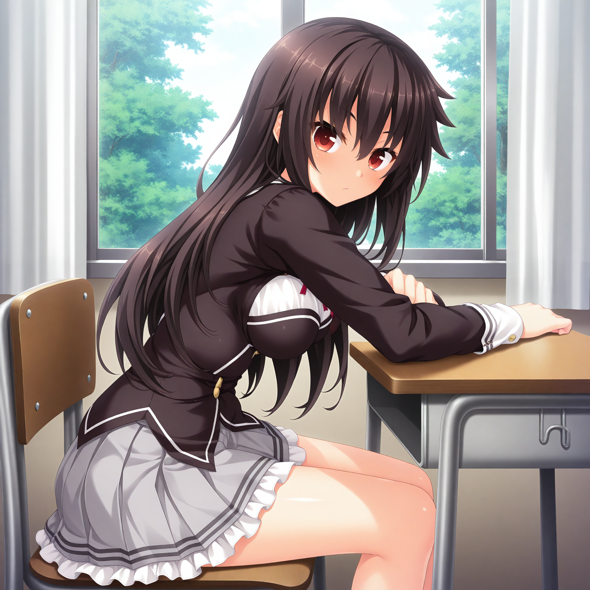 <lora:Kuroki_Michi_1_nai-000044:1>,Kuroki Michi,
school uniform,pleated skirt,long sleeves,grey skirt,red ribbon,miniskirt,frilled skirt,
1girl,solo,looking at viewer,sitting,from side,arm support,on chair,desk,indoors,window,curtains,day,arm on table,