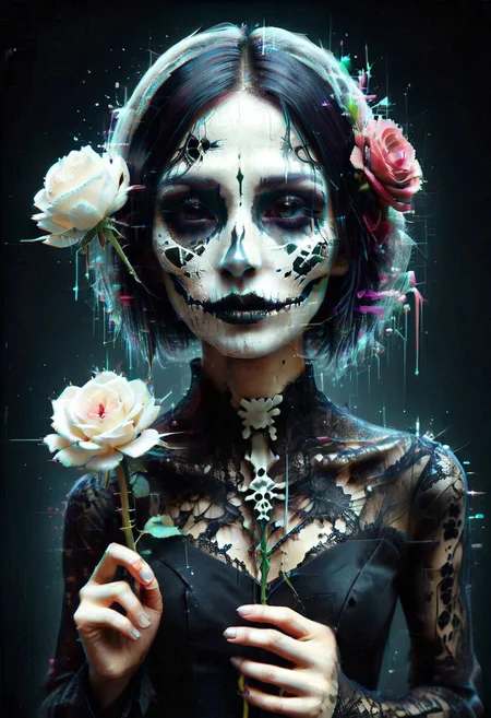 1girl, detailed face, emo makeup, short hairs, veil, black wedding dress,
biolumen, holding single rose flower, black rose, the contur of the petals glow eerily white, dim light, intricate details, horror theme, cementary, detailed background, slimes_flowerwm, made of flowers,
BL4CK3STBL4CK, black_theme, matte_color, flat color, boneswm, glitch style