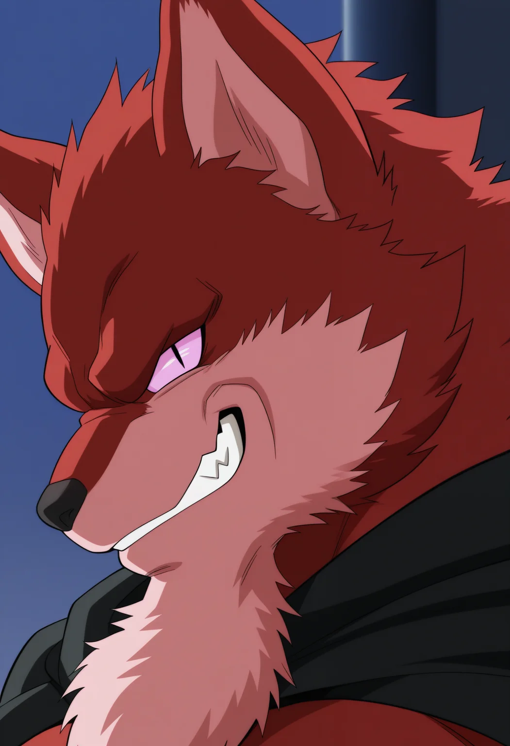 masterpiece,best quality,amazing quality, 1boy, solo, b4s1l, fox boy, red fur, pink sclera, strained eyes, bara, black cape, evil smirk, close up, side angle, looking at viewer,