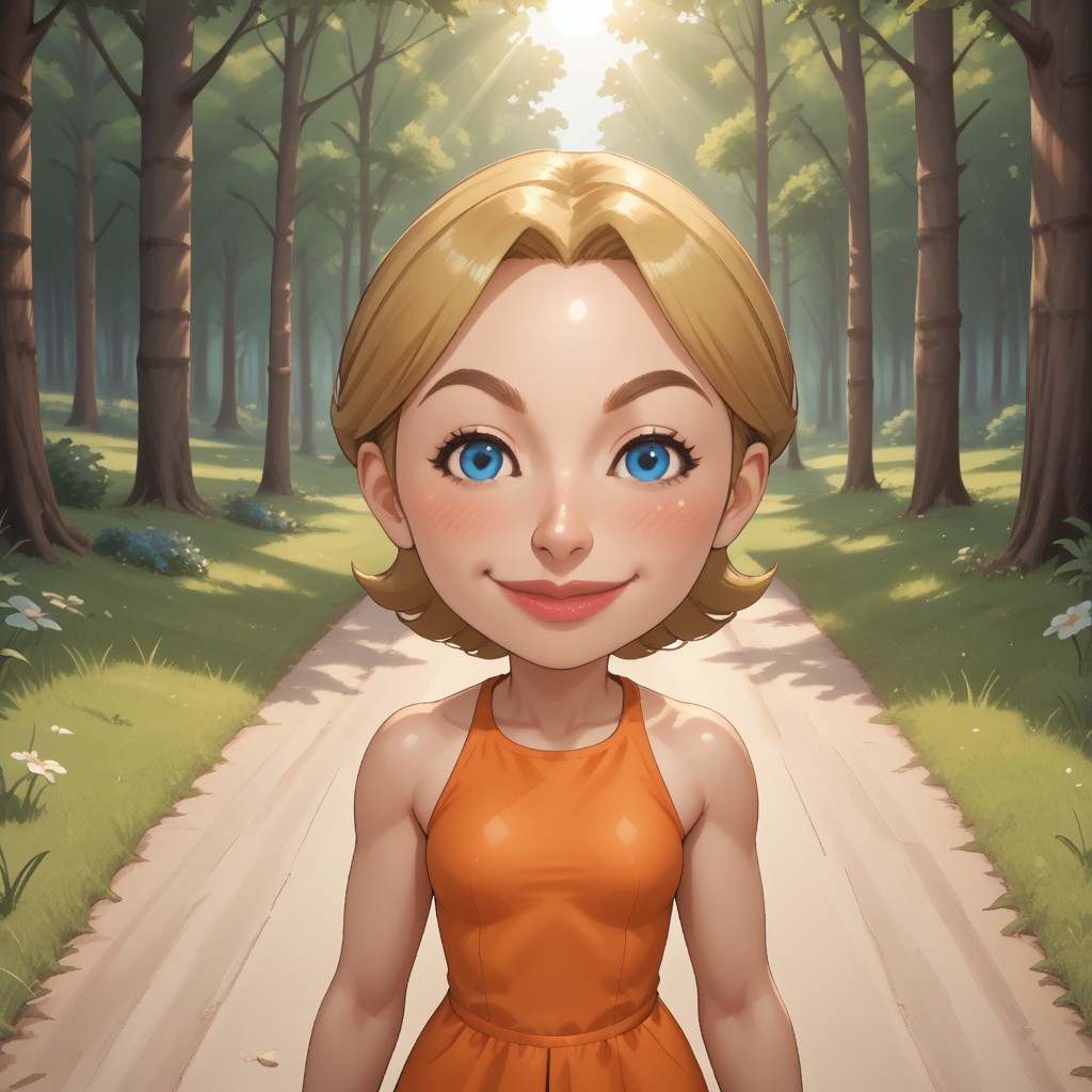 score_9, score_8, BREAK, solo, mii, wii, wii sports, female mii, 1girl, cute, blonde hair, dark blonde eyebrows, white skin, blue eyes, big lips, blush, orange clothing, white pants, sneakers, Julie_(\Wii_Sports\), Nintendo Mii, modern_mii, classic_mii, breasts, sexy pose, self portrait, smile, outdoors, sunlight, shadows, evening lighting, natural lighting, forest, trees, grass, orange sky, sunset