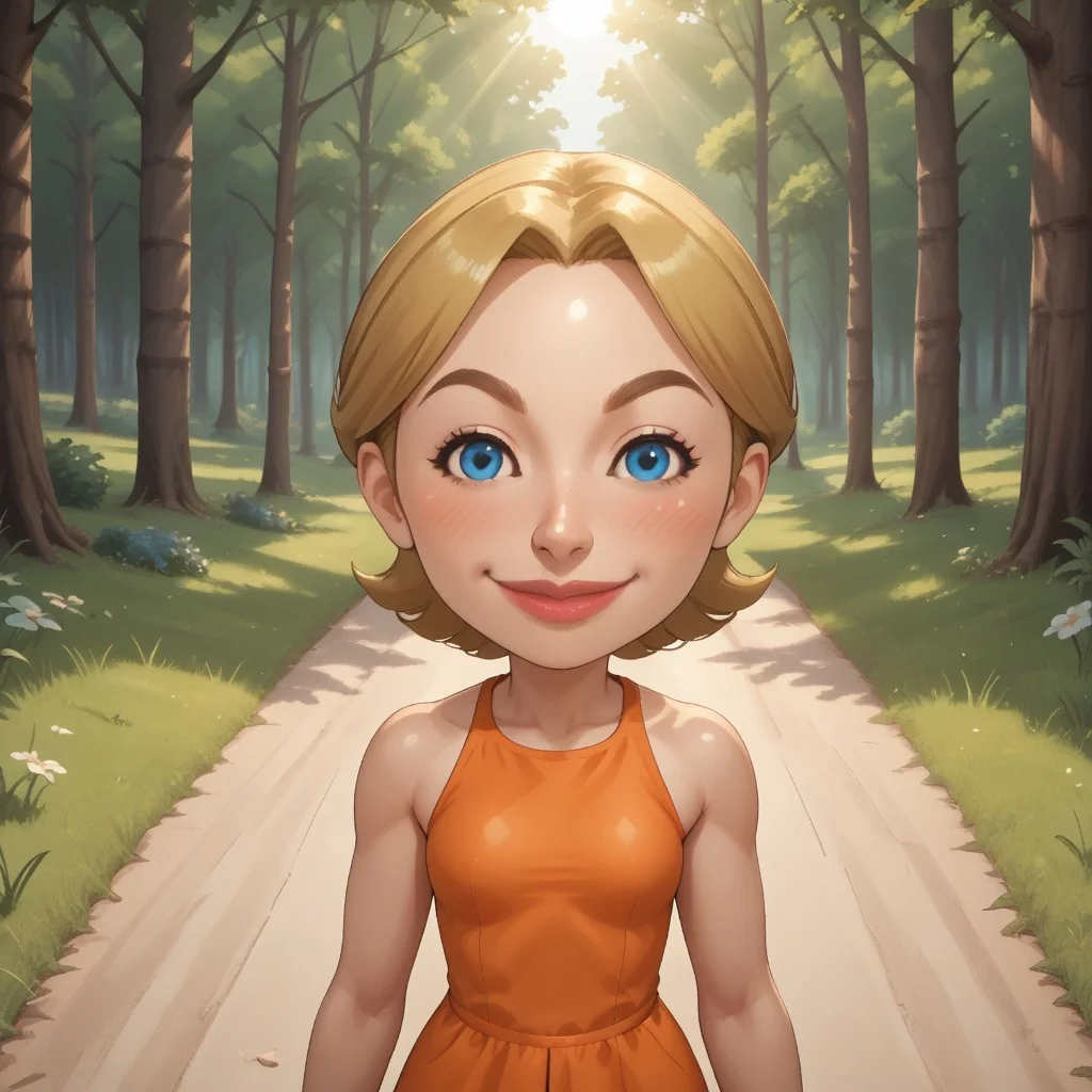 score_9, score_8, BREAK, solo, mii, wii, wii sports, female mii, 1girl, cute, blonde hair, dark blonde eyebrows, white skin, blue eyes, big lips, blush, orange clothing, white pants, sneakers, Julie_(\Wii_Sports\), Nintendo Mii, modern_mii, classic_mii, breasts, sexy pose, self portrait, smile, outdoors, sunlight, shadows, evening lighting, natural lighting, forest, trees, grass, orange sky, sunset