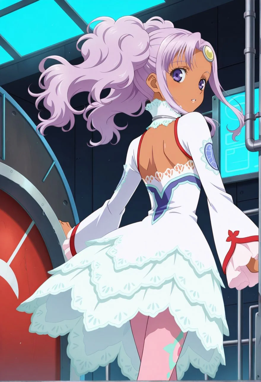 detailed eyes, beautiful, detailed background, perfect eyes,
source_anime, very aesthetic, anime coloring, masterpiece, official art,
<lora:HandFineTuning_XL:1>
BREAK,
factory, sci-fi,
from behind, looking back, parted lips,
cowboy shot, dynamic angle,
BREAK,
<lora:meredy_illustriousXL_v02:0.9>
meredyceles, twintails, purple hair, wavy hair, purple eyes, dark skin, sidelocks, long hair,
white dress, long sleeves, lace collar, lace sleeves, lace dress,
pink pantyhose, pink footwear, pantyhose pattern,