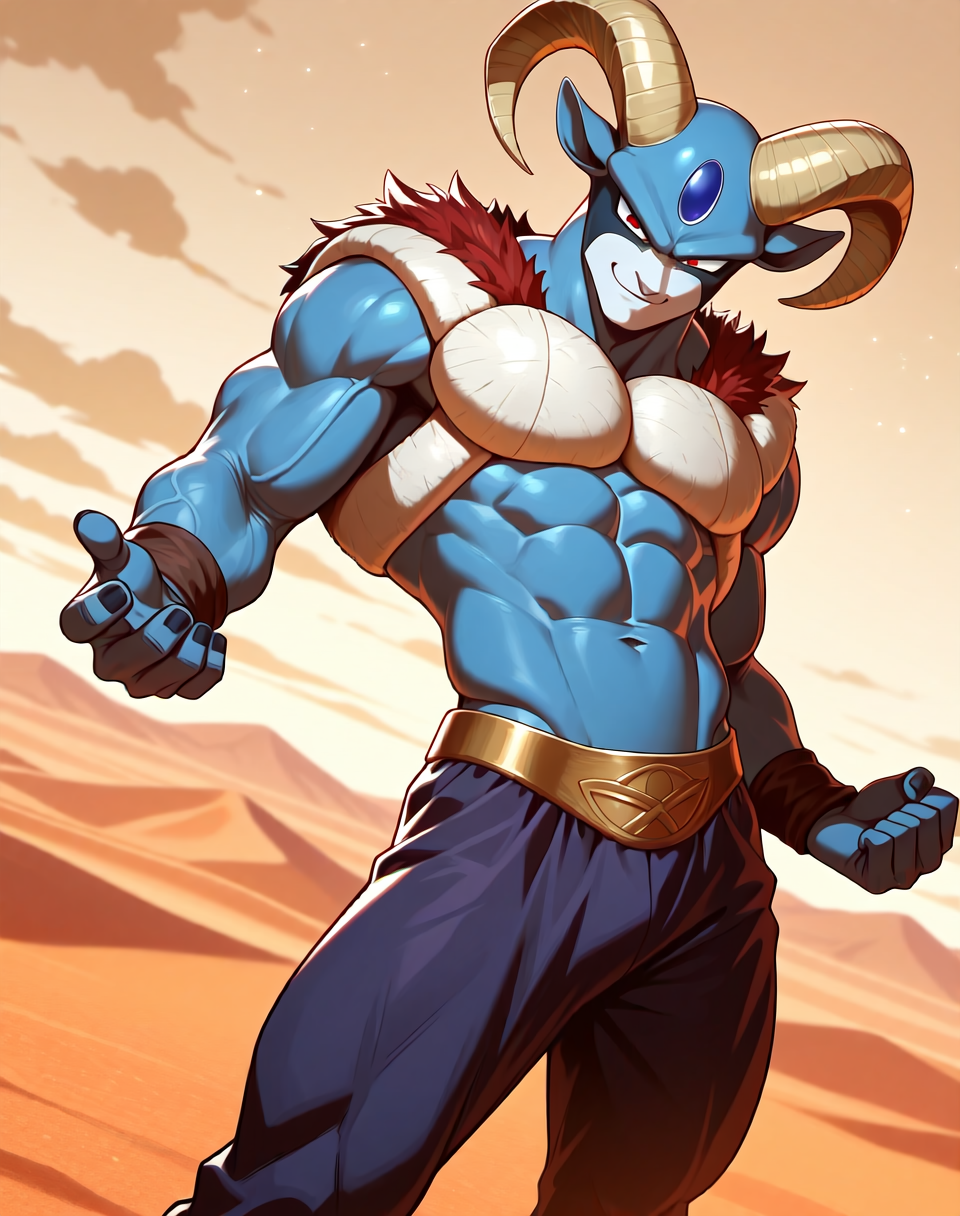 <lora:Moro_4th_Form_(Dragonball_Z)_(Illustrious)_(AD):1.35> Moro, muscular, goat,
dutch angle, exterior, desert, sky with detailed clouds,
male focus, gradient coloring, solo, cowboy shot, bent leg, perfect proportions, veiny muscles, blue body, large biceps, abs, soft shading, evil smirk, white chest armor, fur lined neckline, 
BREAK very awe, aesthetically pleasing, masterpiece, best quality, amazing quality, very aesthetic, perfect depth of field shot, in'ei, furry_art, source_furry, source_anime,
EZRealPONYXL, zPDXL, Smooth Quality, lazympos, IllustQualXL_Pos,