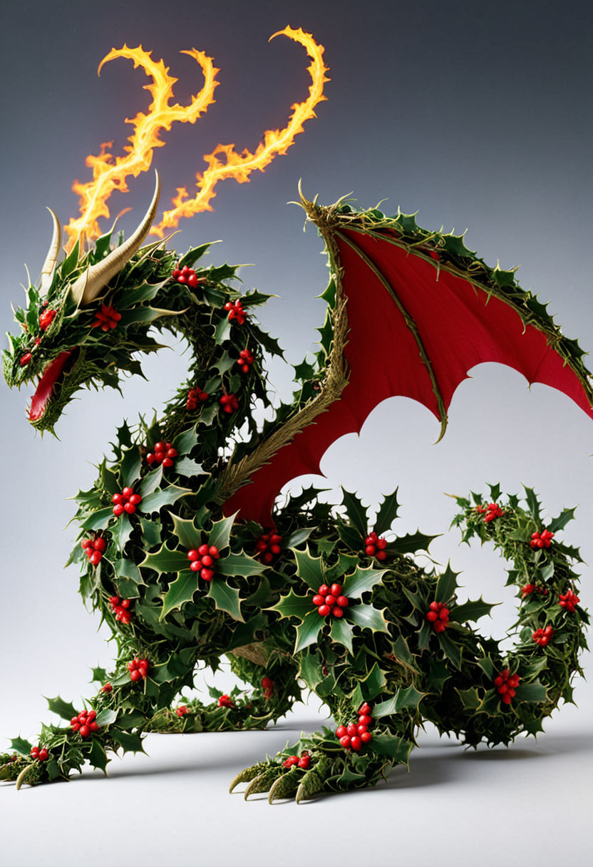M1STL3T03, (medium full shot) of a dragon made of holly mistletoe, breathing fire, , best quality, masterpiece
