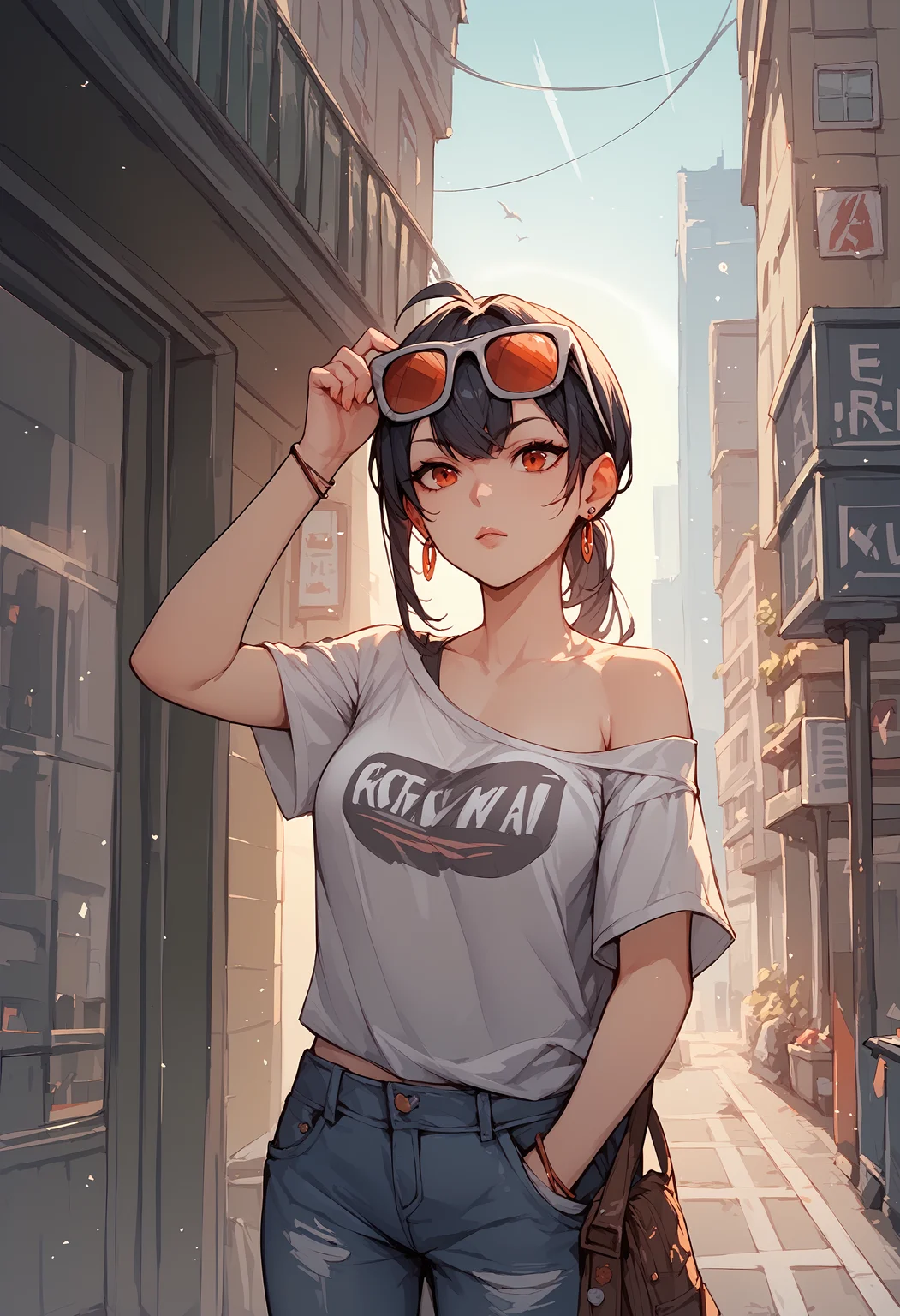 (score_9, score_8_up, score_7_up), 1girl, grace howard, off shoulder t-shirt, denim, earrings, sunglasses on head, hand in pocket, city, <lora:graceh-zzzPO-v1R:0.9>