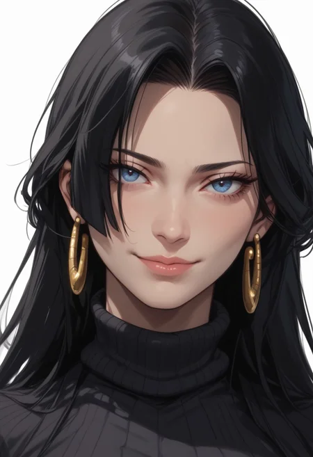 score_9, score_8_up, score_8, score_7_up, score_7, ((close up)), face focus, Expressiveh
BREAK
1girl, solo, boa hancock,long hair, black hair, earrings, large breasts, looking at viewer, head tilt, seductive look, aroused, horny, standing, dark blue turtleneck sweater, light smile
BREAK
white background