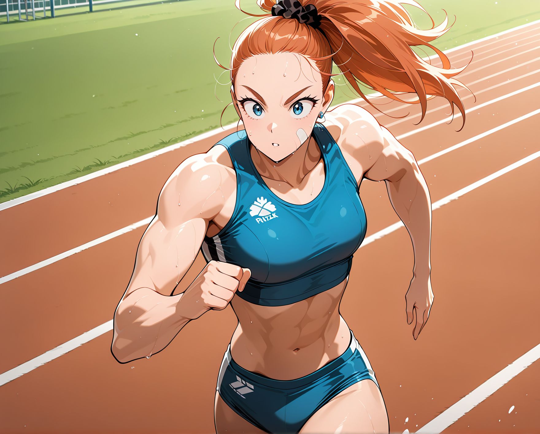 <lora:add-detail-xl:0.5>,,masterpiece,best quality,anime coloring,anime screenshot,
<lora:female_athlete:1>female_athleteV1,
running,1girl,solo,navel,
sports crop top,track briefs,midriff,
<lora:CaptainMizuki(Manga)_ILXL_v1:0.8> captain mizuki,  bandaid on face, muscular female, toned, long hair, ponytail, forehead, hair scrunchie, 
blue  sports bra, blue track briefs,   midriff, navel, linea alba, buruma,