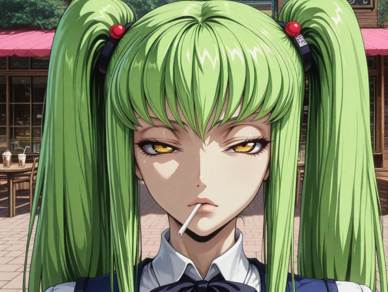 masterpiece,best quality,amazing quality,ultra detailed,
1girl,
 <lora:My_Muscle_Style_1:0.3>,muscular female, fit, skinny,
<lora:HyperdetailedColoredPencilIl:0.3> ArsMJStyle, <lora:Sinozick_style:0.3>Sinozick_illu,gradient,spot color
<lora:illustriousXL_stabilizer_v1.23:0.5>
<lora:GLSHS:0.7> SHSLG
 <lora:C.C._and_Kallen_Stadtfeld_Code_Geass:0.8> , C.C., green hair, long hair, yellow eyes, bangs, twintails,hair ornament,  
outdoors,cafe,drinking straw,  
school uniform, 
solo,large breasts, bowtie, 
dyamic angle,
close-up, portrait, 
looking at viewer, narrowed eyes,