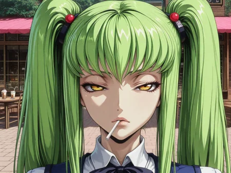 masterpiece,best quality,amazing quality,ultra detailed,
1girl,
<lora:My_Muscle_Style_1:0.3>,muscular female, fit, skinny,
<lora:HyperdetailedColoredPencilIl:0.3> ArsMJStyle, <lora:Sinozick_style:0.3>Sinozick_illu,gradient,spot color
<lora:illustriousXL_stabilizer_v1.23:0.5>
<lora:GLSHS:0.7> SHSLG
<lora:C.C._and_Kallen_Stadtfeld_Code_Geass:0.8> , C.C., green hair, long hair, yellow eyes, bangs, twintails,hair ornament,
outdoors,cafe,drinking straw,
school uniform,
solo,large breasts, bowtie,
dyamic angle,
close-up, portrait,
looking at viewer, narrowed eyes,