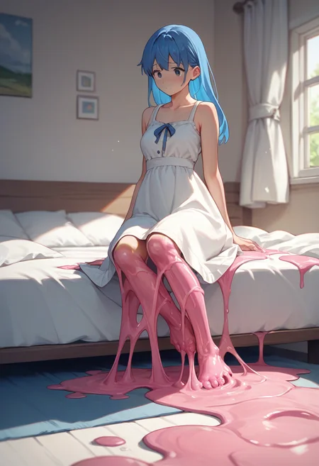 score_9, score_8_up, score_7_up, score_6_up, source_anime, <lora:slime_v0.1-pony:1>
1girl, blue hair, sundress,
pink slime, bedroom,
