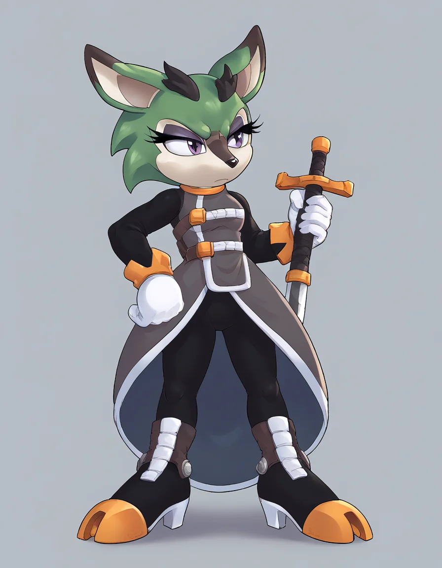 score 9, score 8 up, score 7 up, score 6 up, score 5 up, score 4 up, source_furry,colored, highly detailed, countershading, <lora:Smooth Style 2 SDXL_LoRA_Pony Diffusion V6 XL:1>, <lora:Clove_the_Pronghorn_XL:1>, Clove the Pronghorn, green hair, green fur, high heel boots, purple eyes, white gloves, short hair, black pants, eyelashes, long sleeves, eyeshadow, sleeveless dress, holding sword, battlefield, angry