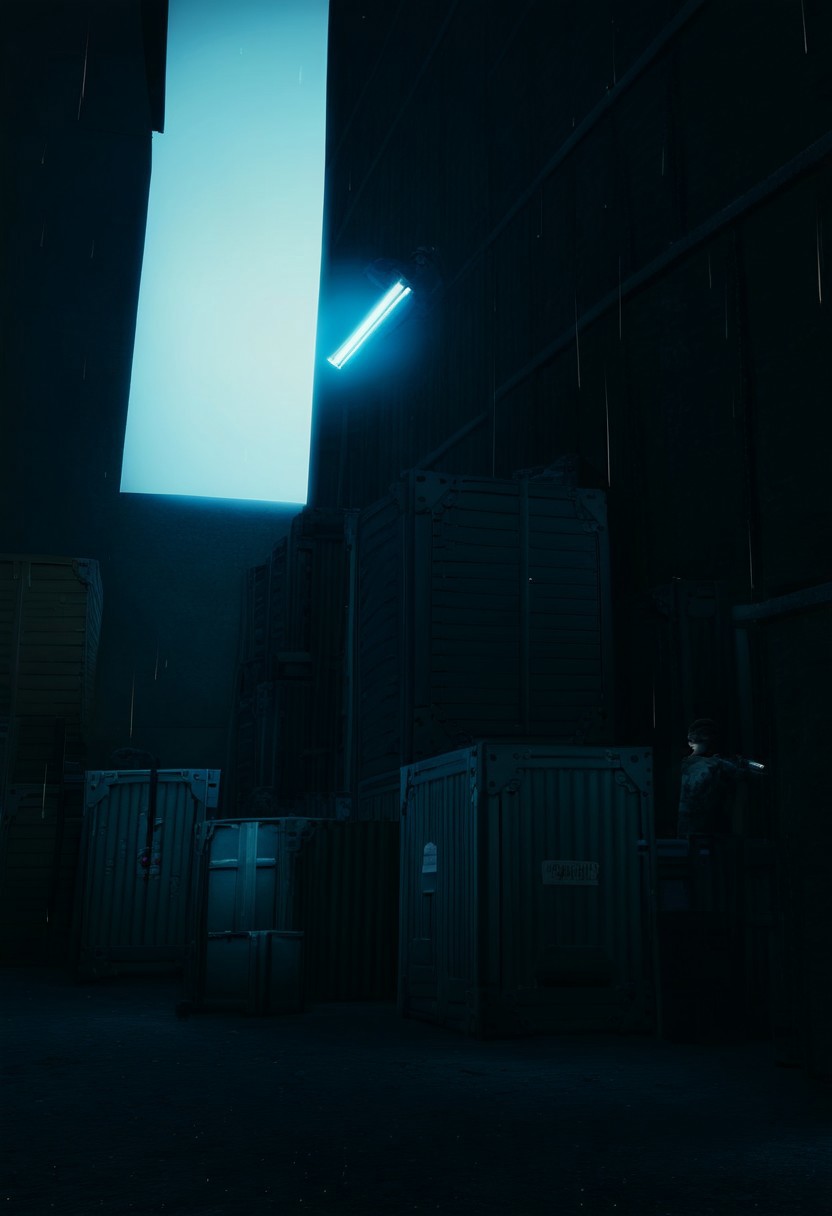 (score_9, score_8_up, score_7_up),
(3d, Soft Lighting, High Detail, High Resolution,)
(Industrial Background, Grate, Crate, Warehouse, New York, Raining),
(Soldier, Holding Weapon, Pistol, Silhouette, Backlit, Cyan Lighting)