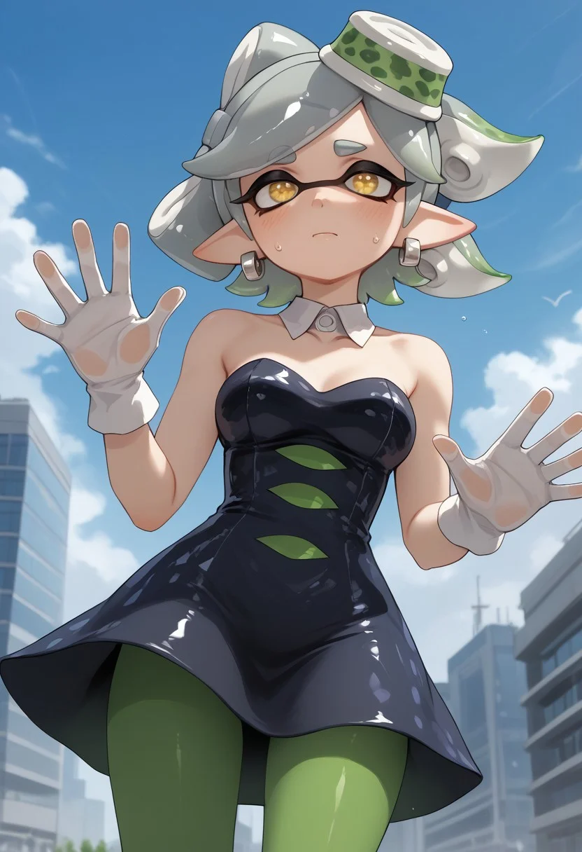 score_9, score_8_up, score_7_up, masterpiece, 4k, high quality, best quality, imtdmariest, 1girl, tentacle hair, pointy ears, mode under eye, + +, yellow eyes, short hair, grey hair, earrings, dress, white gloves, green pantyhose, detached collar, strapless dress, bare shoulders, Focus Marie, on a sky scrapers in a movable platformers cleaning the side of the skyscraper with a  squeegee with water falling off the squeegee and running down the windows her outfit is a bit wet and thus see through, breasts pressed to glass, titglass