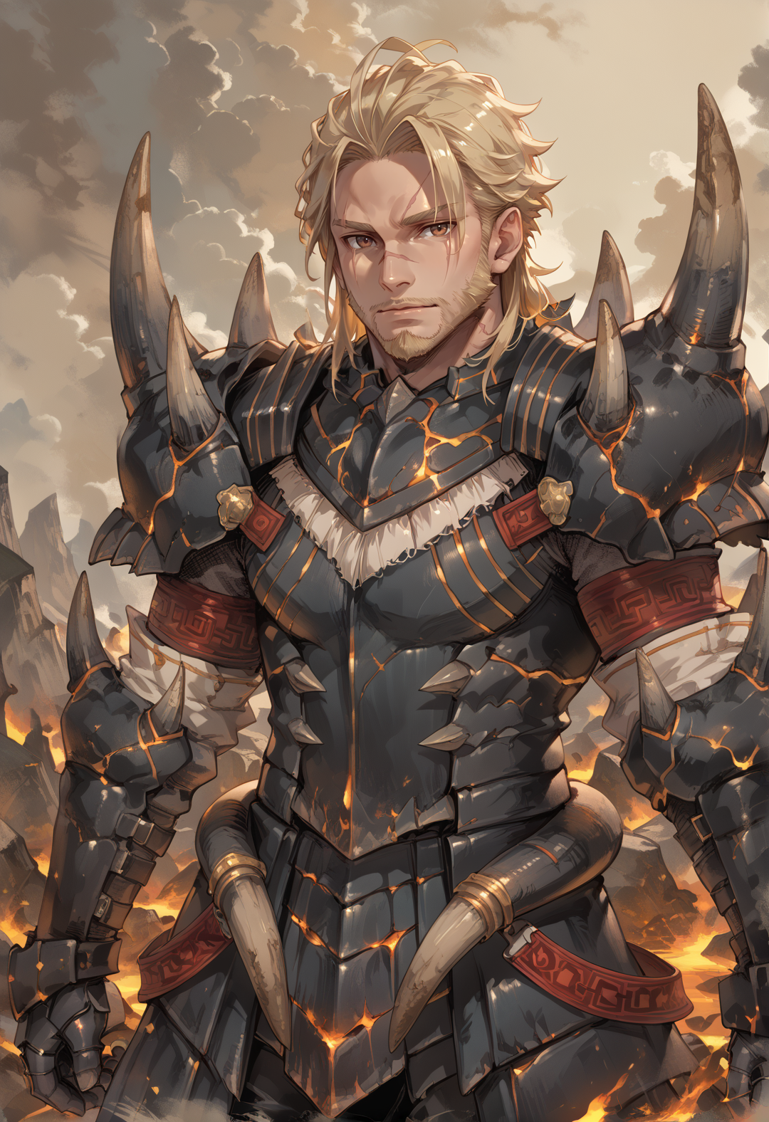 (score_9:0.9),score_8_up,score_7_up,rating_safe,anime style,(zPDXL),<lora:Akantor armor - male ponyXL v1:0.8>,akantor armor,blonde hair,solo,1boy,male focus,black shoulder armor,black gauntlets,brown eyes,looking at viewer,molten rock,muscular,((dark-skinned male)),mature male,scar,beard,