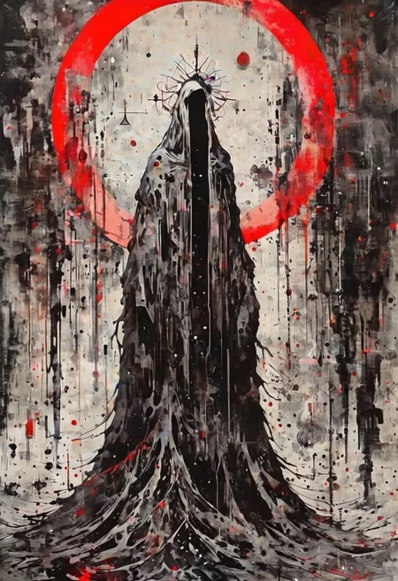 ral-ertmsphr otclillsn carcosa city, cybersecurity meme, data flows, dynamic movement, bleaked red and black, a Vintage casual goddess inside of circle, looking curious, By Yoji Shinkawa