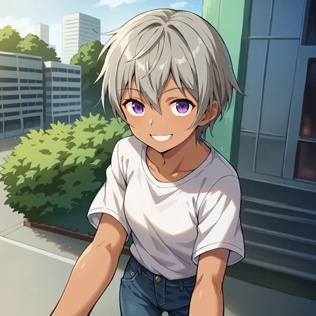 score_9, score_8_up, score_7_up, score_6_up, score_5_up, score_4_up, BREAK source_anime,POV,city,outdoor,smile,standing, <lora:Mutsuba_Asana_V1:1>Mutsuba Asana, short hair, gray hair, purple eyes, dark skin,white t-shirt,short sleeves,jeans,denim