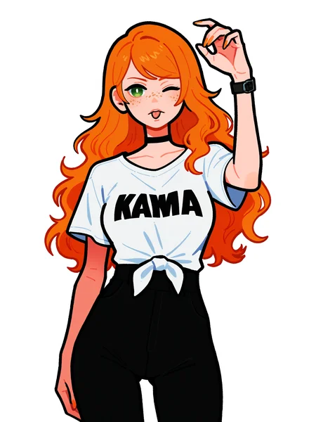 score_9, score_8_up, score_7_up, score_6_up, score_5_up, score_4_up,
BREAK
1girl, orange hair, wink, tongue out, green eyes, long hair, wavy hair, freckles, swept bangs,
BREAK
solo, medium breasts, white t-shirt, tied shirt, black yoga pants, black choker, thigh gap, skinny,
BREAK
white background, simple background, dynamic pose, dynamic angle, angled shot, <lora:Lunas-Yoshi-Mi-Yoshi-SDXL-A1:1>