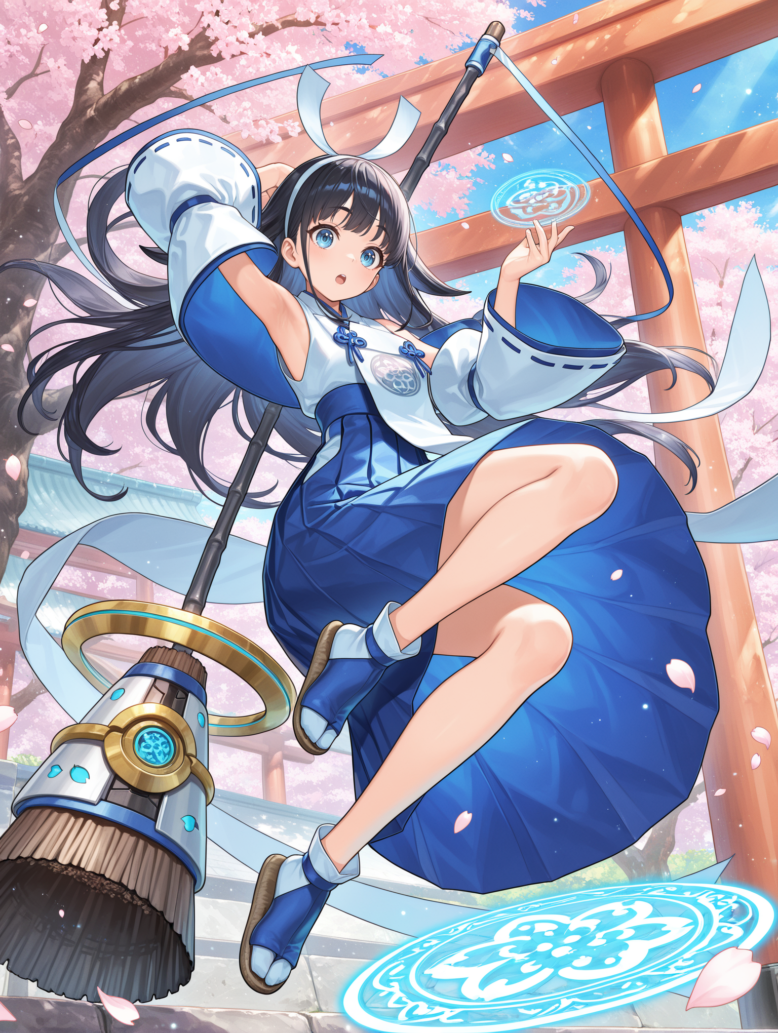 shinonome the vaylantz priestess, 1girl, solo, cherry blossoms, east asian architecture, torii, holding white broom, open mouth, outdoors, looking at viewer, :o, tree, armpits, blue sky, petals, floating, full body, white hairband, white ribbon-trimmed sleeves, white sleeveless kimono, blue hakama skirt, white tabi, blue sandals, white breast curtain, two-handed, magic circle, official art,
masterpiece,best quality,amazing quality,very aesthetic,absurdres,newest,scenery,extreme detail,8k,light particles,soft lighting,volumetric lighting,intricate details,finely detailed,detailed eyes,<lora:Shinonome the Vaylantz Priestess illusXL v1.1:0.75>,