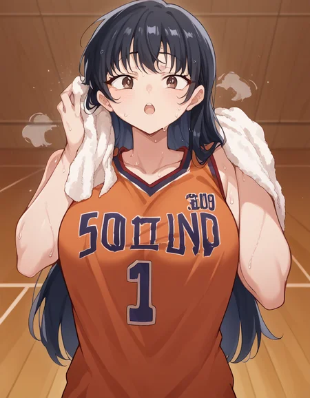 score_9, score_8_up, score_7_up, source_anime, <lora:anna-yamada-s2-ponyxl-lora-nochekaiser:1>, anna yamada, long hair, bangs, black hair, brown eyes, large breasts, <lora:basketball-uniform-ponyxl-lora-nochekaiser:1> basketball uniform, basketball jersery, sportswear, jersey, shorts, sleeveless,, audience, gym, sweat, open mouth, steam, <lora:wiping-towel-ponyxl-lora-nochekaiser:1> wiping sweat, towel, holding, sweat, holding towel, looking at viewer, open mouth,, cowboy shot,