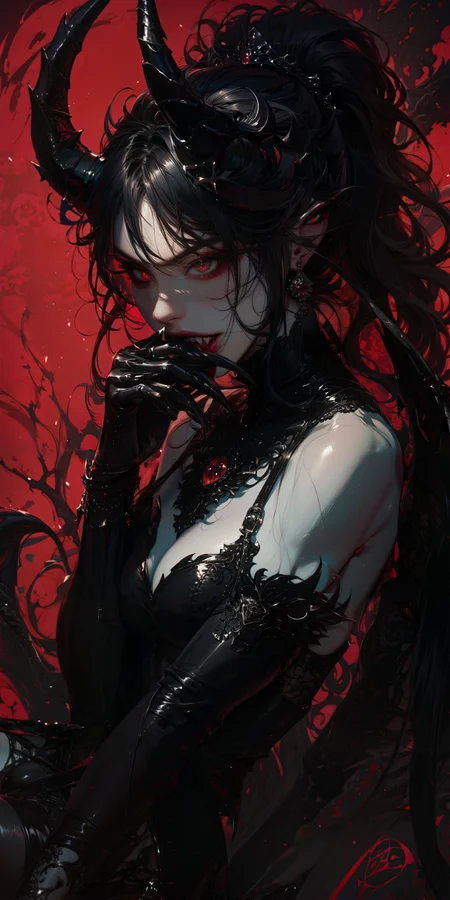 score_9, score_8_up, score_7_up,  thick lineart, sharp edges,  clear focus, A beautiful female demon with red eyes and black horns, her dark hair flowing. She wears an open costume covered in intricate patterns. The background is a deep crimson color, with black shadows. This artwork is in the style of Tetsuo Hara and Yoshitaka Amano, a dark fantasy scene.
<lora:sinfully_stylish_SDKL:1> <lora:add-detail-xl:1>