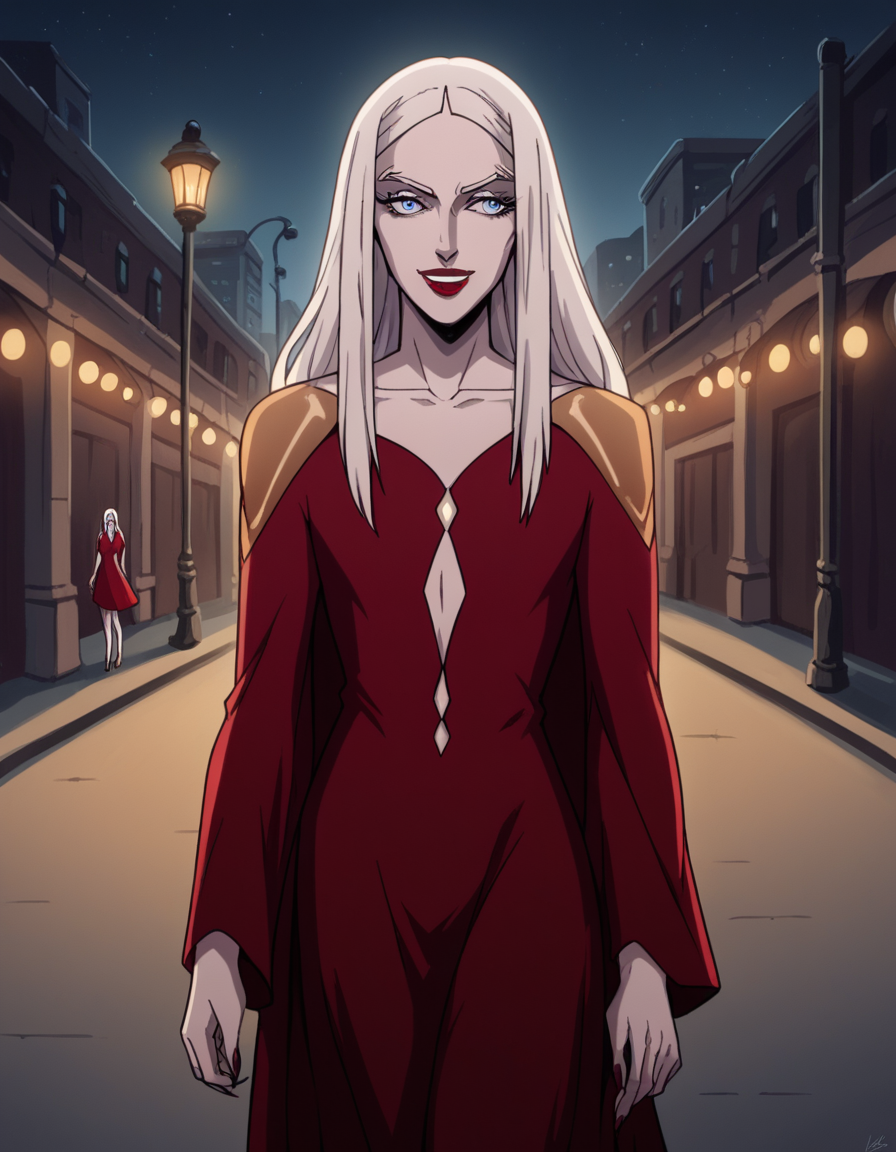 score_9, score_8_up, score_7_up, source_anime, <lora:castlevania-carmilla-ponyxl-lora-nochekaiser:1>, carmilla, long hair, white hair, lipstick, blue eyes, makeup,, dress, red dress, center opening,, city street, evening, streetlights, walking dog, quiet neighborhood, gentle breeze, smile, , arm straight out in front, solo,, cowboy shot, dutch angle