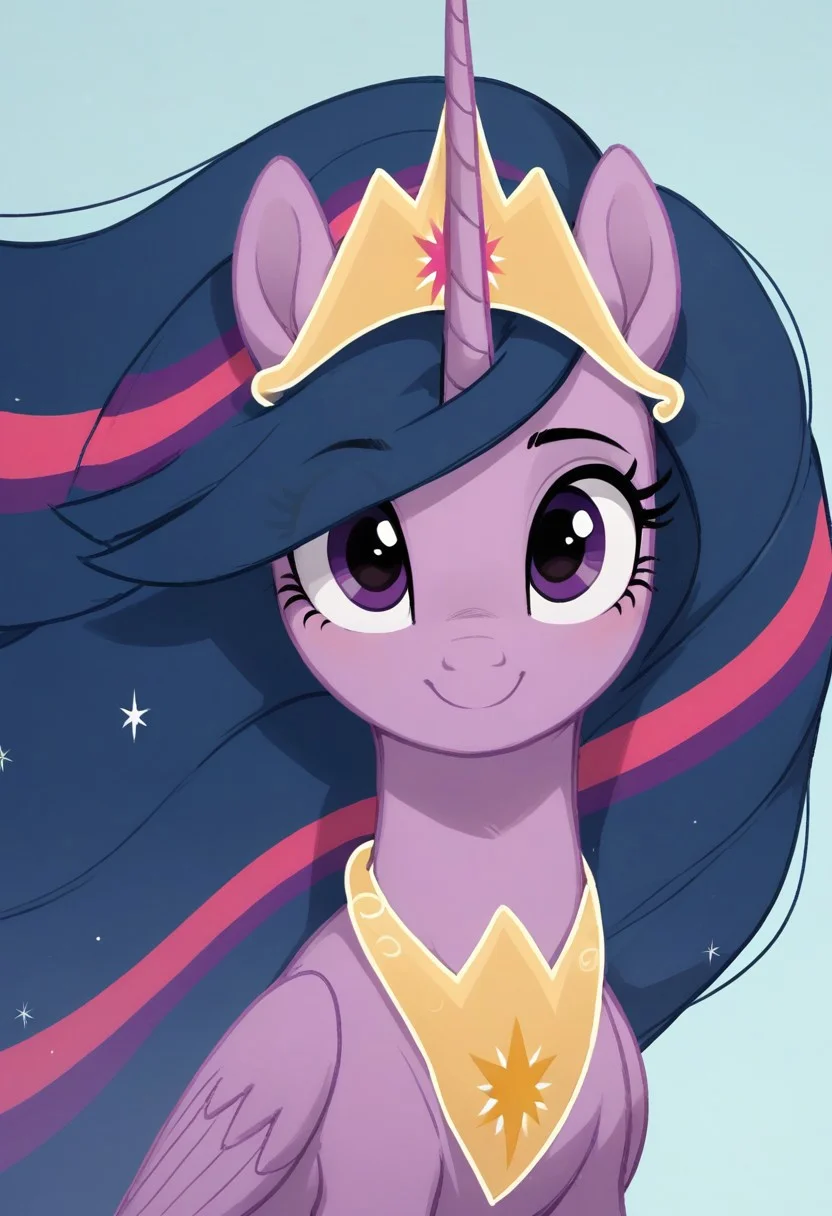 score_9, score_8_up, score_7_up, score_6_up, score_5_up,score_4_up twilight sparkle, future_twilight_sparkle, tiara, alicorn Princess Twilight Sparkle from My Little Pony is a light purple unicorn with a navy blue mane and tail, large purple eyes, and a pink star cutie mark. Her appearance changes slightly as she grows up and transforms into an Alicorn.
Physical description
Body color: Lavender or light purple
Hair color: Dark indigo with pink and purple streaks
Eye color: Purple
Cutie mark: Pink six-pointed starburst with five smaller white stars
Mane and tail: Straight, with one light purple streak and one slightly darker purple streak