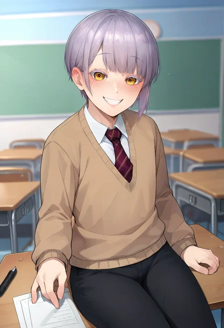 score_9, score_8_up, score_7_up, solo, desk, <lora:add-detail-xl:3>,
BREAK
<lora:ain_in:0.8>, shiro, yellow eyes, silver hair, short hair, otoko no ko, school outfit, collared shirt, necktie, brown sweater, black pants,
BREAK
solo, sitting, smile, blush,