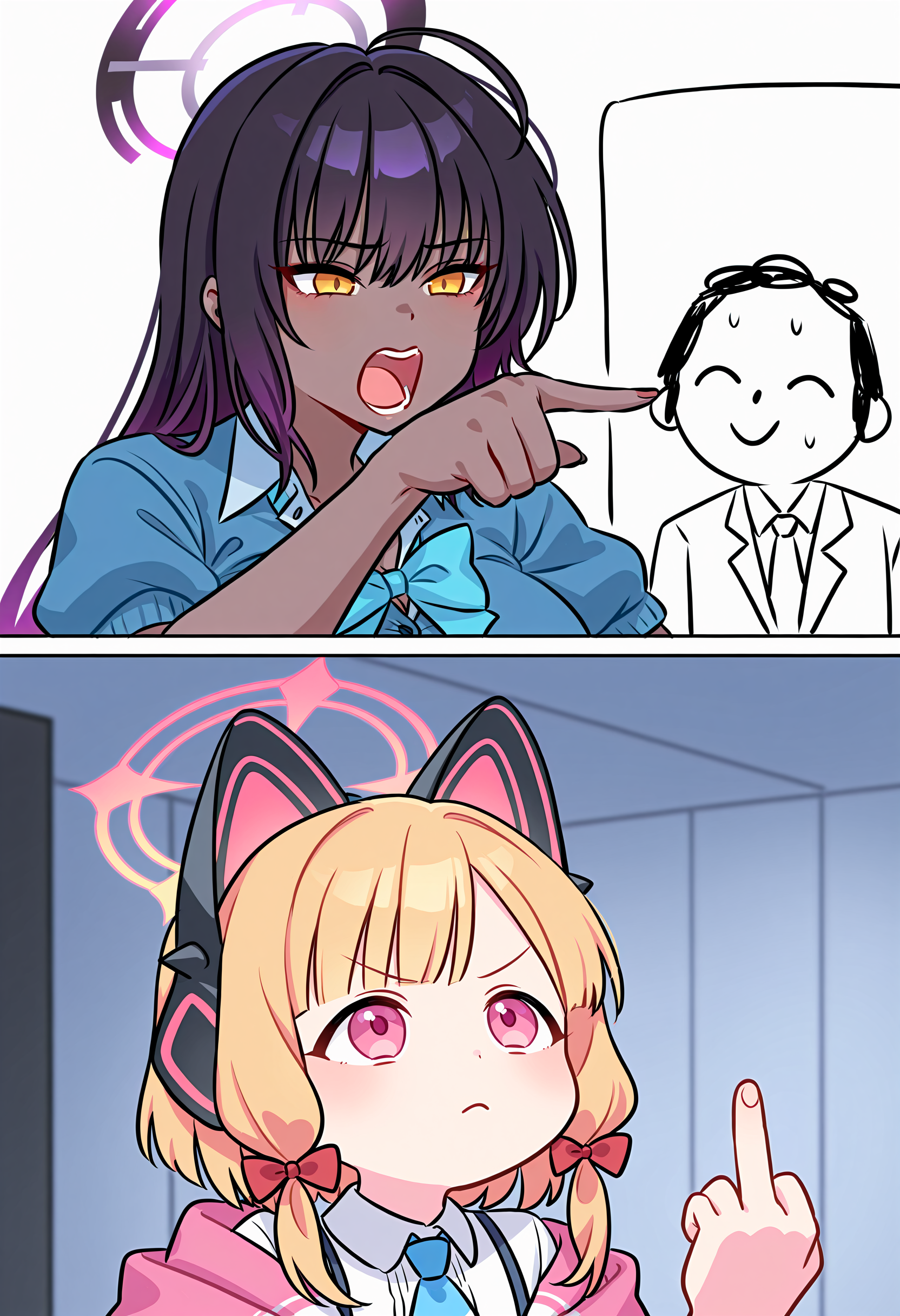 masterpiece, best quality, absurdres, woman_yelling_at_cat_(meme), comic, 2koma, 2girls, 1boy,
BREAK
sensei \(blue archive\), karin \(blue archive\), pointing, pointing at another, 
BREAK
momoi \(blue archive\), looking up, upper body, closed mouth, middle finger, 
 <lora:Woman_yelling_at_cat_meme:1>