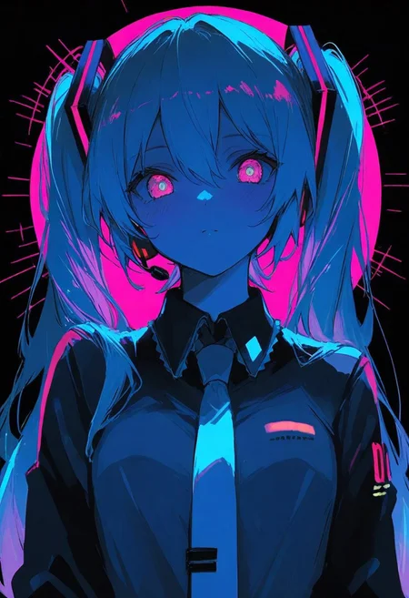 score_9, score_8_up, score_7_up, score_6_up,
Hatsune Miku,limited palette,black background,colorful,vibrant,glowing outline,neon,blacklight,looking at viewer, masterpiece, very aesthetic, pink sphere on background
