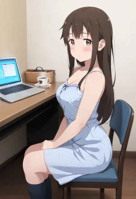 masterpiece, best quality,
1girl, blush,
girl is working hard,look at viewer,
from side,
dress, kneehighs, polka dot,
sitting on chair,laptop on desk,coffee,