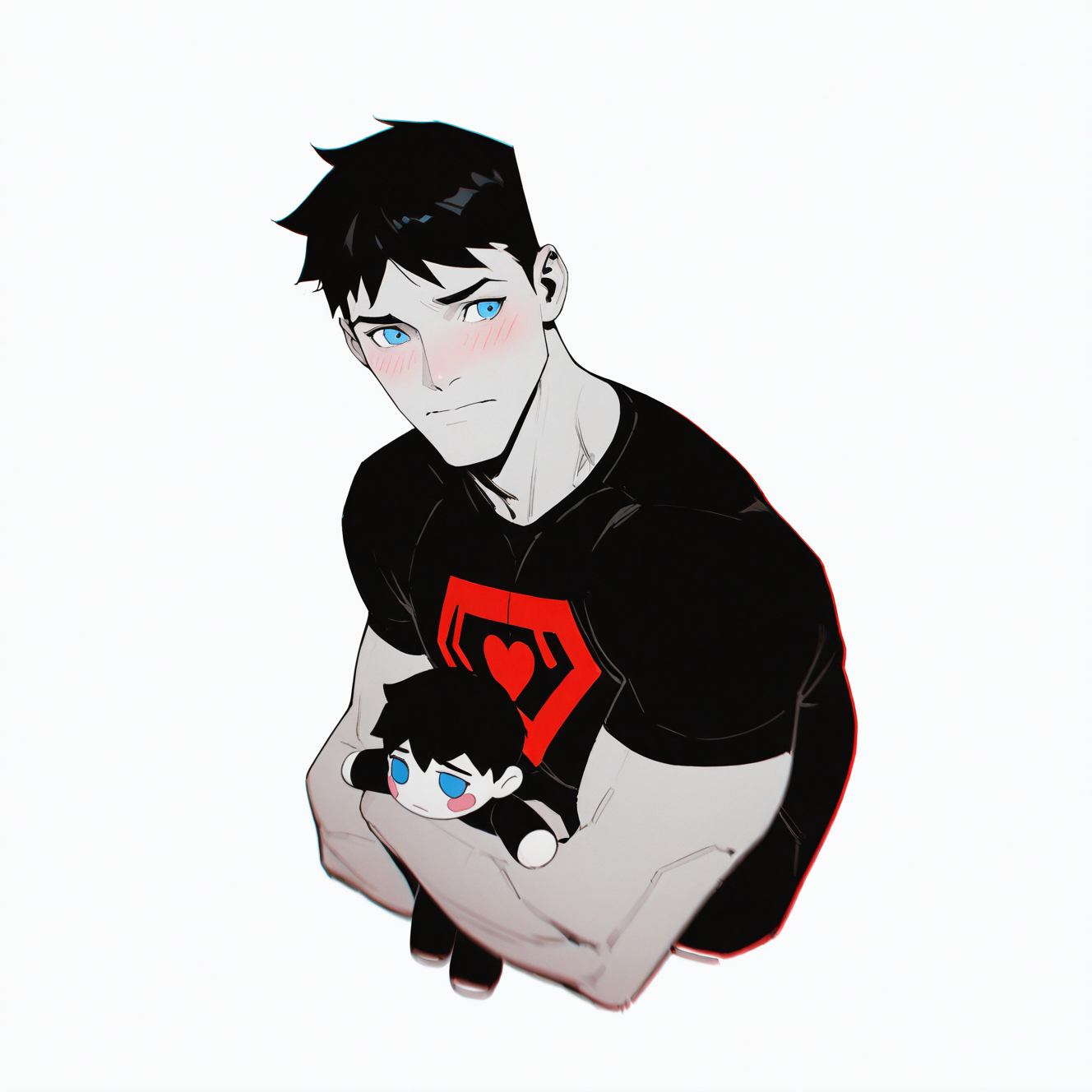 <lora:CONNER_KENT:1>conner, solo, blush, short hair, blue eyes, simple background, shirt, black hair, white background, 1boy, holding, upper body, male focus, heart, stuffed toy, t-shirt, spot color, doll, character doll, holding doll, merchandise, multiple boys, 2boys, looking at another
,dynamic view, detailed background, motion blur, film grain, abstract, natural lighting, fantasy, cinematic, dynamic view, very awa, masterpiece, best quality, absurdres, newest, perfect quality, detailed background, intricate details, (artist:fl \(l-fl\):0.7), (artist:tooboshoo:0.7), (artist:dizdoodz:0.8)