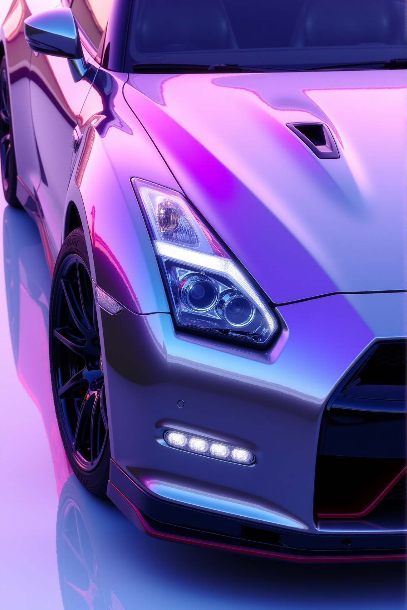 <lora:Nissan_GT-R_R35:0.7>  A isometric close view of a gorgeous Nissan GT-R R35 in all its shining glory. In a style of clean look. The car has silver paint job with purple undertone. Mirror-like, high gloss finish catches bright highlights. Vibrant color palette.