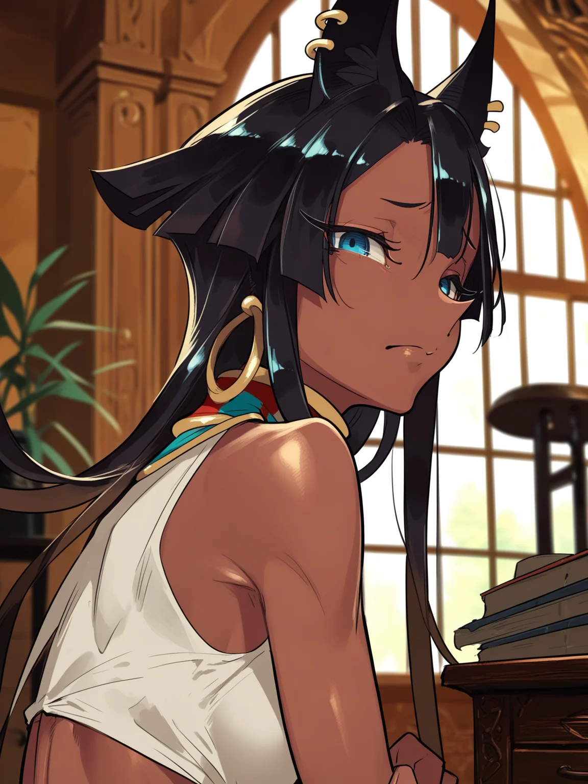 <lora:happy_tentacle-mummy-v0.2-000024:1>, ht_mummy, dark-skinned female, blue eyes, ear piercing, jackal ears, hair flaps, shirt, pants , indoors, 1girl, solo, upper body , , (sad :1), , looking at viewer , , from side , score_9, score_8_up, score_7_up, score_6_up, score_5_up, score_4_up