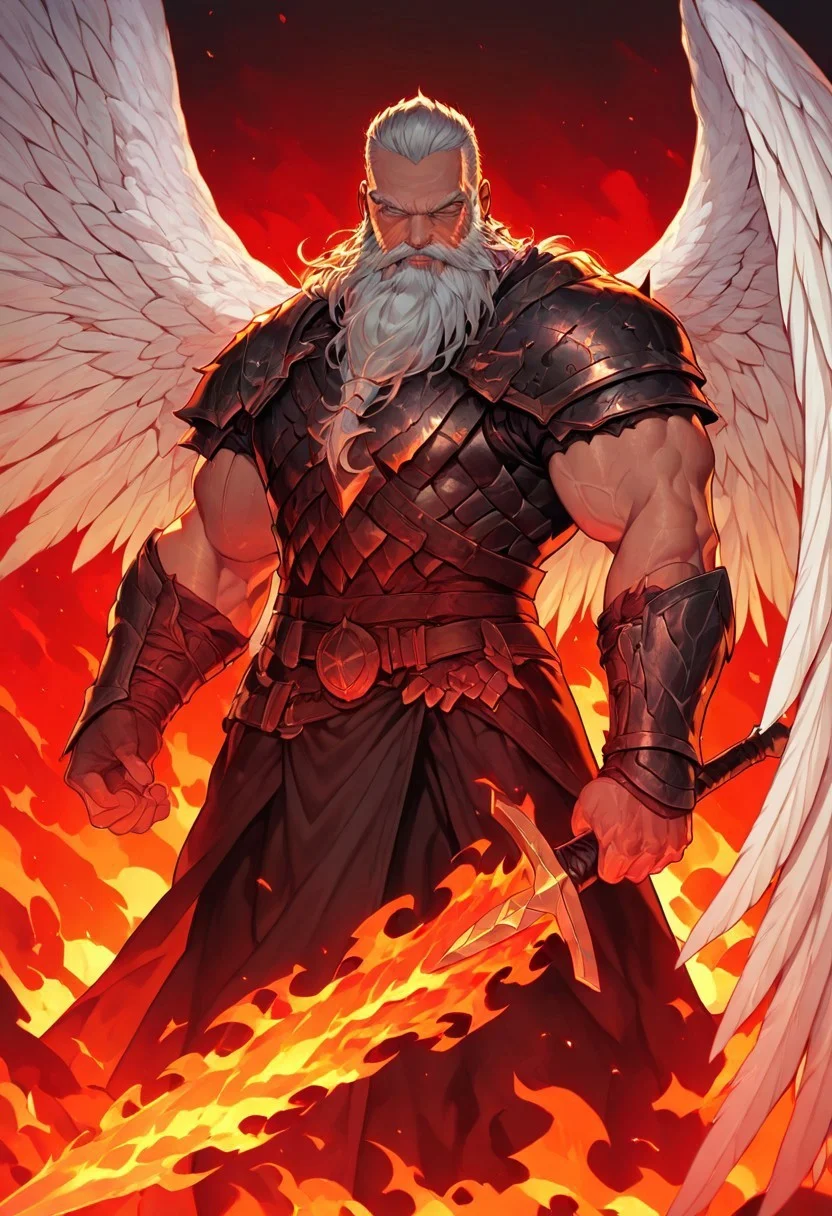 masterpiece, best quality, newest, absurdres, highres, FCOMV1.0, 1boy, angel, angel wings, beard, armor, sword, holding, holding sword, holding weapon, manly, muscular male, fire, fire sword, flame sword,