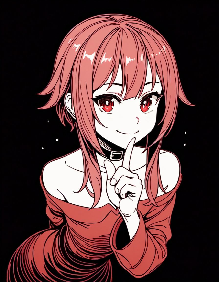 score_9,score_8_up,score_7_up, <lora:Navi_LustStrokes_PonyXL_S1:1>, pink sketch, monochrome, black background, black theme, light smile, 
megumin \(konosuba\),  red eyes, 1girl, solo, standing, hand on own chin, looking at viewer,  leaning forward, arm behind back,index finger raised,